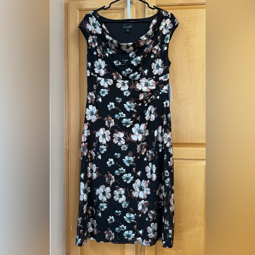 Connected Apparel Women’s Black Floral Print Cowl Neck Short Dress Size 12 NEW - Picture 2 of 11